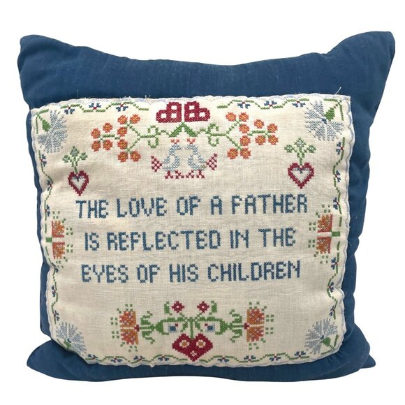 Decorative Throw Pillow With Cross-Stitch Quote "The Love Of A Father" - Picture 1 of 4